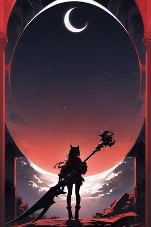 Extreme detailed, (masterful), 1girl, 1girl, solo, holding, animal ears, standing, sky, cat ears, from behind, night, moon, star \(sky\), night sky, starry sky, silhouette, scythe, crescent moon, red theme, holding scythe
