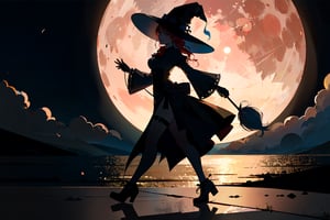 masterpiece, high quality, best quality, high res, (A woman ((walking:1.5))), artistic sideview, gloomy lighting, moonlight, victorian era, side view, from the side, red moon, silhouette, ((fullbody)), ((dark lighting:1.4)), (taking a step), (((witch hat))), ((smiling wickedly)), [gloves]