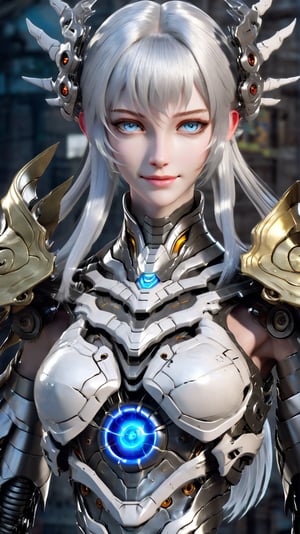 smile , surreal photo of a girl, blue eyes, white hair, huge breasts, centered, symmetrical, cyborg, shiny armor, intricate detailed, giger, wires, mechanical ribs, realistic, fujifilm, 8k, HDR, cyborg style,cyborg style,mecha,dfdd