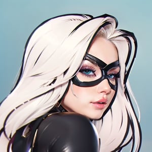 (masterpiece, best quality: 1.4) 22 years old girl, Sexy girl, withe hair, long hair, Mask, black leather costume, blue eyes,  Perfect eyes, pants down. Showing round butt, pussy,  perfect eyes,MarvelBlackCat