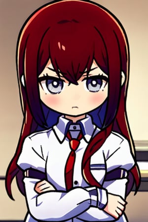 makise kurisu, red hair, tsundere look, crossed arms, backlighting, good lighting, chibi. small, cute, tender, good resolution, 4k, cute