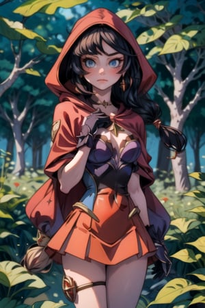 solo, mona genshin impact, Little Red Riding Hood, cabello con dos coletas, blue eyes, ultra-detailed art illustration, perfect breasts, sloppy chest, forest background, red miniskirt,monadef
