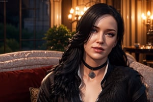 realistic:1.8, masterpiece:1.8, highres:1.8, bokeh, 1 girl, solo, looking at viewer, yenW3_soul3142, portrait, smirk, long hair, black hair, purple eyes, mole under mouth, black jacket, fur trim, gloves, choker, gown, sitting, couch, garden