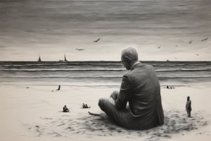 On the beach complex composition,the body language of a man in a black and white drawing, in the style of gertrude abercrombie, zdzisław beksiński, malcolm teasdale, playful scene, bold contrast and textural play, high-angle, superfine details