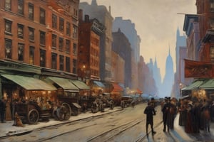 a painting masterpiece, New York city in 1905, epic and intimate street scenes, historically accurate many people, exact precisionism rendering, simple composition, inspired by Gustave Moreau, gothic art, don lawrence's, oil on canvas (1921)