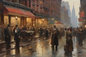 a painting masterpiece, New York city in 1905, epic and intimate street scenes, historically accurate many people, exact precisionism rendering, simple composition, inspired by Gustave Moreau, gothic art, don lawrence's, oil on canvas (1921),greg rutkowski