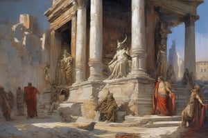 only one image, a painting masterpiece, ancient Rome at the height of its civilazation,epic and intimate street scenes, historically accurate many people, exact precisionism rendering, simple composition, inspired by Gustave Moreau, gothic art, don lawrence's, oil on canvas 1921, the temple of truth is white, reginald marsh, portrait of daemons, opal statues adorned in jewels, denis sarazhin