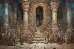 only one image, a painting masterpiece, Indus civilization in India at the height of its power ,epic and intimate street scenes, historically accurate many people, exact precisionism rendering, simple composition, inspired by Gustave Moreau, gothic art, don lawrence's, oil on canvas (1921), the temple of truth is white, reginald marsh, portrait of daemons, opal statues adorned in jewels, denis sarazhin