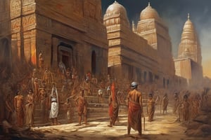 only one image, a painting masterpiece, Indus civilization in India at the height of its power ,epic and intimate street scenes, historically accurate many people, exact precisionism rendering, simple composition, inspired by Gustave Moreau, gothic art, don lawrence's, oil on canvas (1921)