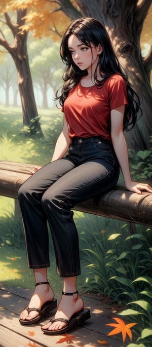 16k, realistic, perfect, forest,1 girl, 
,little girl,

big old tree, autumn,

,long black hair, small thighs, slim body,

,red tshirt, regular flip flops,
,long black loose trousers,

sad_face, cry, crying, tears come out,

,1 big old tree,
, sitting on top old wooden bench,

,full-body_portrait,

perfecteyes, better_hands,perfecteyes