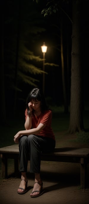 16k, realistic, perfect, forest,1 girl, nighttime,
,little girl

big old tree, autumn,

,long black hair, small thighs, slim body,

,red tshirt, regular flip flops,
,long black loose trousers,

sad_face, cry, crying, tears come out,

,1 big old tree,
, sitting on top old wooden bench,

,full-body_portrait,

perfecteyes, better_hands,perfecteyes