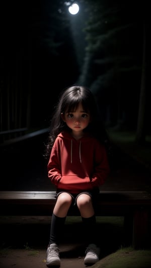 16k, realistic, perfect, forest,1 girl, nighttime,
,little girl, rain,

,long black hair, small thighs, slim body,

, (sitting on top old wooden bench:1.1),

(both hands in pockets red hoodie:1.2), (torn long black slacks:1.2), (little girl ,head down) ,

(long black hair, slim body:1.2) ,(slim thighs), big_boobies,

,sad_face, cry ,(crying:1.1),
,full-body_portrait, perfecteyes,