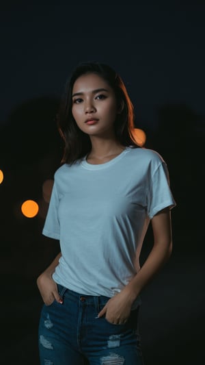 nsfw, ., . , ., slender twenty year old woman, indoneisan local girl face,, feminine pose, perfect breasts, (((full-body_portrait))), faint smile,


,cinematic film still of  dim light, low light, dramatic light, partially covered in shadow, 
realistic photo, close-up, close-up shot,
(((loose white t-shirt))),, masterpiece,., (((ripped long denim pants))),,

,,24 years old, radiating an air of allure and sophisticated charm, with a striking, captivating face, positioned against the backdrop of a busy nighttime highway.,.,

,her gaze piercing into the camera. 

Low-key lighting ,
 32k resolution, best quality, (high saturation:1.1), edgy, photo-real, 
Style,sky, at dusk,scenery, shallow depth of field, vignette, highly detailed, high budget, bokeh, cinemascope, moody, epic, gorgeous, film grain, grainy,Low-key lighting Style,photo r3al,p3rfect boobs,neon photography style