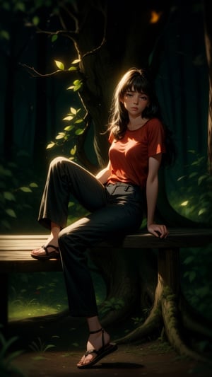 16k, realistic, perfect, forest,1 girl, 
,little girl,

big old tree, autumn,

,long black hair, small thighs, slim body,

,red tshirt, regular flip flops,
,long black loose trousers,

sad_face, cry, crying, tears come out,

,1 big old tree,
, sitting on top old wooden bench,

,full-body_portrait,

