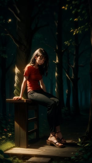 16k, realistic, perfect, forest,1 girl, 
,little girl,

big old tree, autumn,

,long black hair, small thighs, slim body,

,red tshirt, regular flip flops,
,long black loose trousers,

sad_face, cry, crying, tears come out,

,1 big old tree,
, sitting on top old wooden bench,

,full-body_portrait,

