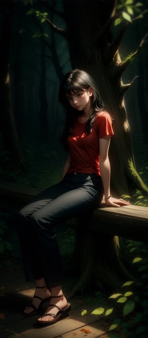 16k, realistic, perfect, forest,1 girl, 
,little girl,

big old tree, autumn,

,long black hair, small thighs, slim body,

,red tshirt, regular flip flops,
,long black loose trousers,

sad_face, cry, crying, tears come out,

,1 big old tree,
, sitting on top old wooden bench,

,full-body_portrait,

perfecteyes, better_hands,perfecteyes