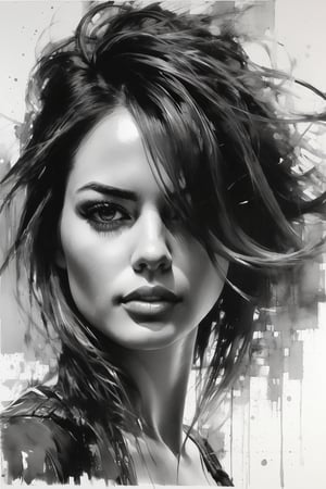 a drawing of a woman with her hair in the air it is black and white, in the style of mark lague, hyper-realistic portraits, sam spratt, brent heighton, captivating gaze, cyclorama, crisp and clean ,dripping paint