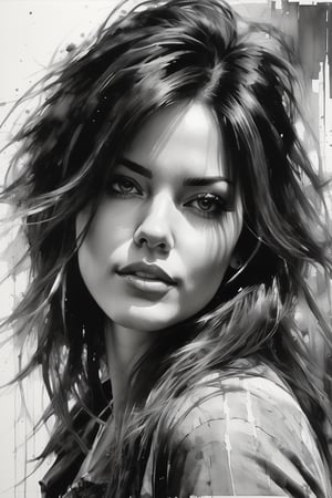 a drawing of a woman with her hair in the air it is black and white, in the style of mark lague, hyper-realistic portraits, sam spratt, brent heighton, captivating gaze, cyclorama, crisp and clean ,dripping paint, full body