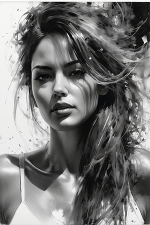 a drawing of a woman with her hair in the air it is black and white, in the style of mark lague, hyper-realistic portraits, sam spratt, brent heighton, captivating gaze, cyclorama, crisp and clean ,dripping paint, full body