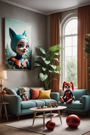 toddler ( ( ( ( ( 2023 retro futuristic living room. muted colors. toys laying around ) ) ) ) ) by jean baptiste monge harley quinn and poison ivy in love with each other. photo - realistic hd, hyperrealism, colourful, highly detailed, cinematic, luminescence, 3 2 k, dop, high contrast, intricate, mystery, epic, fantasy