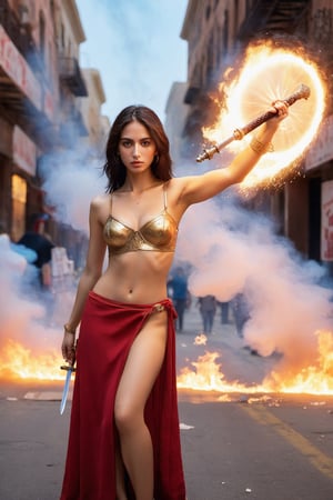   photorealistic,  themis Egiptian godess of justice, sexy slender body,(((nude))), holding sword on left hand and a scale on right hand,  award winning beautiful face, background in a messy protesting street with tear gas smokes and fire, cute,  naive,  best quality,  xxmixgirl,  focus on eyes, 
,p3rfect boobs,cleavage,EpicSky