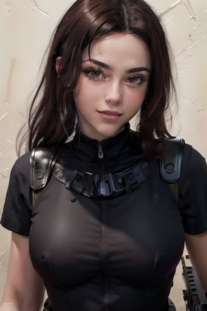 Warrior,Girl brunette Hair,Woman nice face,beautiful face,body beautiful,Beautiful Face,Girl, realistic, human, smile,8k, Expect Raw, A beautiful woman, with long black and shiny hair, Cleopatra style, with brown eyes and enveloping,serious look, soldiers, bulletproof vest, (soldier uniform), blue, weapon, gatling gun, rank on the side of clothing, horizon, full fire, in the style of illusory wallpaper portraits, colorful realism, modular, intense close-ups, uhd image, mosaic-inspired realism, ultra high detail, ultra-high resolution , sharp detail, hyper realistic,sharp focus, perfect detail anatomy, perfect detail face , perfect detail , eyes , octane rendering , 8k , masterpiece , best quality,serious look,bsp
