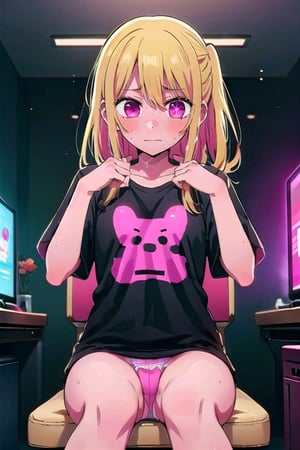 ruby, showing her panties, small breasts, shy, bright lights, blonde hair, pink panties, embarrassed expression, legs apart, blushing, sweaty, brightly lit room, black t-shirt, her hands holding her t-shirt, sitting on a pink gamer chair, gamer room background, pink gamer pc desk, pink room decoration, pink lights all over the room