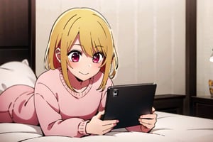 ruby, looking at her mobile phone, pink sweatshirt, smiling, fringes, female room background, pink room decoration, lying on her bed, red cheeks, blonde hair, bright eyes, strong colours, vivid colours, full body
