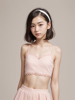 A full body portrait of a japanaese girl,(masterpiece, 8k, photorealistic, RAW photo, best quality, sharp: 1),highly detailed face, beautiful face, (realistic face), beautiful hairstyle, realistic eyes, beautiful detailed eyes, (realistic skin), beautiful skin, ultra high res, ultra realistic, highly detailed, high nose, slim body, slender girl, detailed bust, slim thighs, slim legs, small hip, hair band, (blank background:1.1), (looking away:0.3), (from side:0.4) (age 12-15, European preteen, a pretty girl:1.4), (short hair, bob hair, beautiful hairstyle:1.2), (midriff:1.1), (model posing:1.2),asian girl,long skirt,heart_mark_background