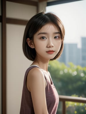 A full body portrait of a Taiwanese girl,(masterpiece, 8k, photorealistic, RAW photo, best quality, sharp: 1),highly detailed face, beautiful face, (realistic face), beautiful hairstyle, realistic eyes, beautiful detailed eyes, (realistic skin), beautiful skin, ultra high res, ultra realistic, highly detailed, high nose, slim body, slender girl, detailed bust, slim thighs, slim legs, small hip, hair band, (blank background:1.1), (looking away:0.3), (from side:0.4) (age 12-15, European preteen, a pretty girl:1.4), (short hair, bob hair, beautiful hairstyle:1.2), (midriff:1.1), (model posing:1.2)