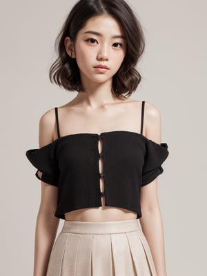 A full body portrait of a japanaese girl,(masterpiece, 8k, photorealistic, RAW photo, best quality, sharp: 1),highly detailed face, beautiful face, (realistic face), beautiful hairstyle, realistic eyes, beautiful detailed eyes, (realistic skin), beautiful skin, ultra high res, ultra realistic, highly detailed, high nose, slim body, slender girl, detailed bust, slim thighs, slim legs, small hip, (blank background:1.1), (looking away:0.3), (from side:0.4) (age 17-22, European preteen, a pretty girl:1.4), (short hair, bob hair, beautiful hairstyle:1.2), (midriff:1.1), (model posing:1.2),asian girl,long skirt,heart_mark_background