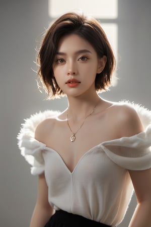 fashion photography portrait of 1girl, offshoulder, fluffy short hair, soft light, rim light, beautiful shadow, low key, (photorealistic, raw photo:1.2), (natural skin texture, realistic eye and face details), hyperrealism, ultra high res, 4K, Best quality, masterpiece, necklace, (cleavage:0.8), in the dark,xxmix_girl