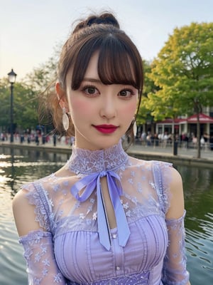 a woman posing on the street corner, best quality, 1girl, (gigantic breasts), day, bright, blur background, bokeh, outdoor, (street:0.8), (people, crowds:1), (lace-trimmed dress:1.5, see-through, no-sleeves dress, high-neck dress:1.5, light purple dress: 1.5), gorgeous, (floating hair, bangs, hair up:1.5), beautiful detailed sky, (beautiful earrings), (dynamic pose:1), (upper body:0.8), soft lighting, wind, shiny skin,