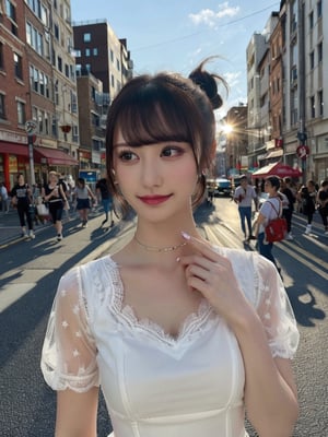 a woman posing on the street corner, best quality, 1girl, (gigantic breasts), day, bright, blur background, bokeh, outdoor, (street:0.8), (people, crowds:1), (lace-trimmed dress:1.5, see-through, no-sleeves dress), gorgeous, (floating hair, bangs, hair up:1.5), beautiful detailed sky, (beautiful earrings), (dynamic pose:1), (upper body:0.8), soft lighting, wind, shiny skin,