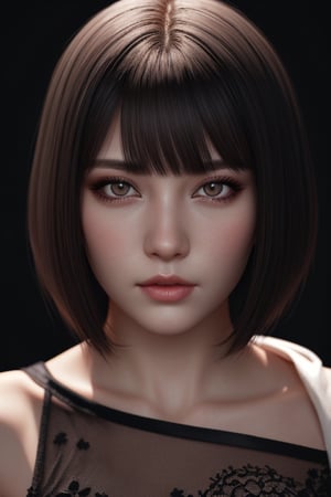 Best quality, best illustration, best lighting, incredible quality, highly detailed 8k CG wallpaper, detailed eyes, detailed face, detailed hair, a beautiful girl, short white hair with bangs, lilac eyes, fair skin, wearing a black silk dress with lace, dark background scenery, low lighting, portrait format.