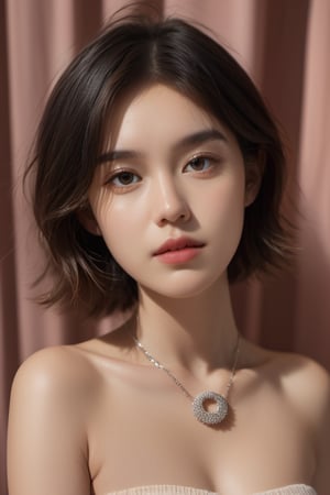 fashion photography portrait of 1girl, offshoulder, fluffy short hair, soft light, rim light, beautiful shadow, low key, (photorealistic, raw photo:1.2), (natural skin texture, realistic eye and face details), hyperrealism, ultra high res, 4K, Best quality, masterpiece, necklace, (cleavage:0.8), in the dark,xxmix_girl