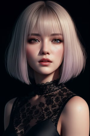 Best quality, best illustration, best lighting, incredible quality, highly detailed 8k CG wallpaper, detailed eyes, detailed face, detailed hair, a beautiful girl, short white hair with bangs, lilac eyes, fair skin, wearing a black silk dress with lace, dark background scenery, low lighting, portrait format.
