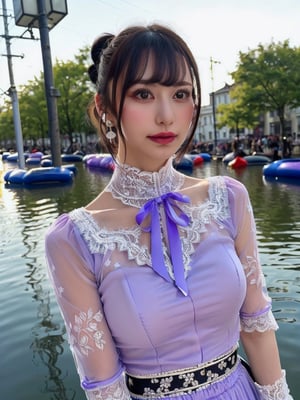 a woman posing on the street corner with light purple high-neck dress on, best quality, 1girl, (gigantic breasts), day, bright, blur background, bokeh, outdoor, (street:0.8), (people, crowds:1), (lace-trimmed dress:1.5, see-through, no-sleeves dress, high-neck dress:1.5, light purple dress: 1.5), gorgeous, (floating hair, bangs, hair up:1.5), beautiful detailed sky, (beautiful earrings), (dynamic pose:1), (upper body:0.8), soft lighting, wind, shiny skin,mikana_yamamoto