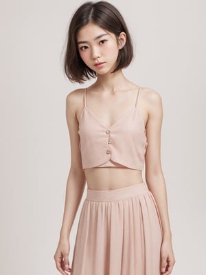 A full body portrait of a japanaese girl,(masterpiece, 8k, photorealistic, RAW photo, best quality, sharp: 1),highly detailed face, beautiful face, (realistic face), beautiful hairstyle, realistic eyes, beautiful detailed eyes, (realistic skin), beautiful skin, ultra high res, ultra realistic, highly detailed, high nose, slim body, slender girl, detailed bust, slim thighs, slim legs, small hip, (blank background:1.1), (looking away:0.3), (from side:0.4) (age 17-22, European preteen, a pretty girl:1.4), (short hair, bob hair, beautiful hairstyle:1.2), (midriff:1.1), (model posing:1.2),asian girl,long skirt,heart_mark_background