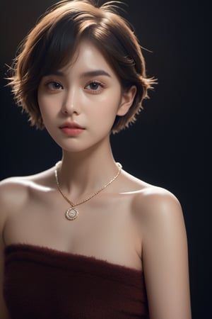 fashion photography portrait of 1girl, offshoulder, fluffy short hair, soft light, rim light, beautiful shadow, low key, (photorealistic, raw photo:1.2), (natural skin texture, realistic eye and face details), hyperrealism, ultra high res, 4K, Best quality, masterpiece, necklace, (cleavage:0.8), in the dark,xxmix_girl