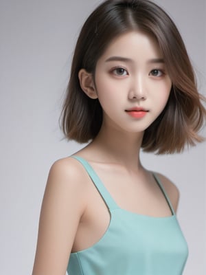 A full body portrait of a Taiwanese girl,(masterpiece, 8k, photorealistic, RAW photo, best quality, sharp: 1),highly detailed face, beautiful face, (realistic face), beautiful hairstyle, realistic eyes, beautiful detailed eyes, (realistic skin), beautiful skin, ultra high res, ultra realistic, highly detailed, high nose, slim body, slender girl, detailed bust, slim thighs, slim legs, small hip, hair band, (blank background:1.1), (looking away:0.3), (from side:0.4) (age 12-15, European preteen, a pretty girl:1.4), (short hair, bob hair, beautiful hairstyle:1.2), (midriff:1.1), (model posing:1.2)