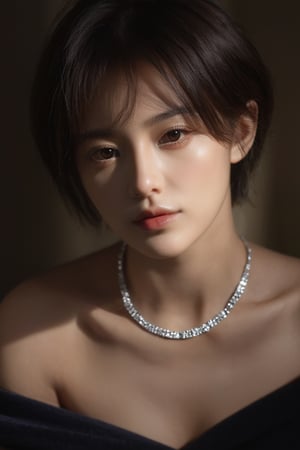 fashion photography portrait of 1girl, offshoulder, fluffy short hair, soft light, rim light, beautiful shadow, low key, (photorealistic, raw photo:1.2), (natural skin texture, realistic eye and face details), hyperrealism, ultra high res, 4K, Best quality, masterpiece, necklace, (cleavage:0.8), in the dark,xxmix_girl