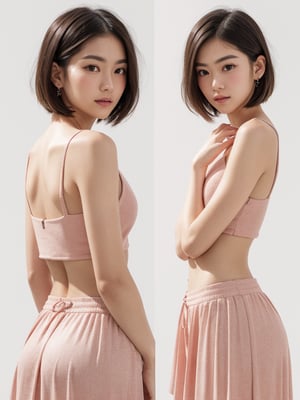 A full body portrait of a japanaese girl,(masterpiece, 8k, photorealistic, RAW photo, best quality, sharp: 1),highly detailed face, beautiful face, (realistic face), beautiful hairstyle, realistic eyes, beautiful detailed eyes, (realistic skin), beautiful skin, ultra high res, ultra realistic, highly detailed, high nose, slim body, slender girl, detailed bust, slim thighs, slim legs, small hip, (blank background:1.1), (looking away:0.3), (from side:0.4) (age 22-27, European preteen, a pretty girl:1.4), (short hair, bob hair, beautiful hairstyle:1.2), (midriff:1.1), (model posing:1.2),asian girl,long skirt,heart_mark_background