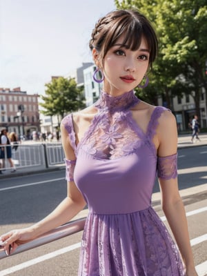 a woman posing on the street corner with light purple high-neck dress on, best quality, 1girl, (gigantic breasts), day, bright, blur background, bokeh, outdoor, (street:0.8), (people, crowds:1), (lace-trimmed dress:1.5, see-through, no-sleeves dress, high-neck dress:1.5, light purple dress: 1.5), gorgeous, (floating hair, bangs, hair up:1.5), beautiful detailed sky, (beautiful earrings), (dynamic pose:1), (upper body:0.8), soft lighting, wind, shiny skin,
