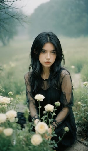 xxmix_girl,1girl,green theme,black hair,messy hair,film grain,fog,Tyndall,in the gardon,surrounded by flowers,sll,FilmGirl