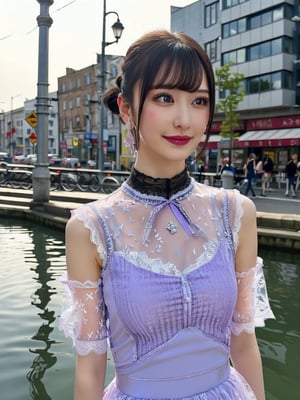 a woman posing on the street corner, best quality, 1girl, (gigantic breasts), day, bright, blur background, bokeh, outdoor, (street:0.8), (people, crowds:1), (lace-trimmed dress:1.5, see-through, no-sleeves dress, high-neck dress:1.5, light purple dress: 1.5), gorgeous, (floating hair, bangs, hair up:1.5), beautiful detailed sky, (beautiful earrings), (dynamic pose:1), (upper body:0.8), soft lighting, wind, shiny skin,