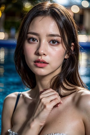 1 young girl, (Best Quality:1.4), 8K resolution, High resolution, (Photorealistic, High resolution:1.4), Raw photo, (Realistic, Photorealsitic:1.37), (Beautiful big breasts:1.1), Gloss on lips, Parted lips, Staring at me, Nose, Realistic, pool, depth of field, face light, (((bokeh))),taaarannn