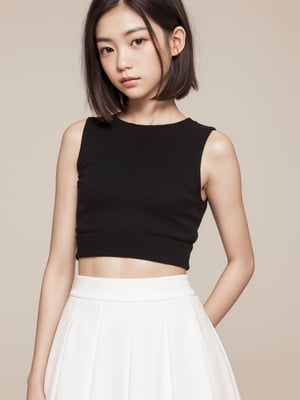 A full body portrait of a japanaese girl,(masterpiece, 8k, photorealistic, RAW photo, best quality, sharp: 1),highly detailed face, beautiful face, (realistic face), beautiful hairstyle, realistic eyes, beautiful detailed eyes, (realistic skin), beautiful skin, ultra high res, ultra realistic, highly detailed, high nose, slim body, slender girl, detailed bust, slim thighs, slim legs, small hip, (blank background:1.1), (looking away:0.3), (from side:0.4) (age 12-15, European preteen, a pretty girl:1.4), (short hair, bob hair, beautiful hairstyle:1.2), (midriff:1.1), (model posing:1.2),asian girl,long skirt,heart_mark_background