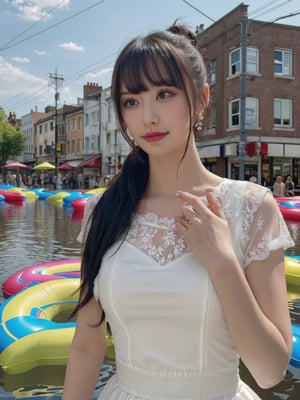 a woman posing on the street corner, best quality, 1girl, (gigantic breasts), day, bright, blur background, bokeh, outdoor, (street:0.8), (people, crowds:1), (lace-trimmed dress:1.5, see-through, no-sleeves dress), gorgeous, (floating hair, bangs, hair up:1.5), beautiful detailed sky, (beautiful earrings), (dynamic pose:1), (upper body:0.8), soft lighting, wind, shiny skin,