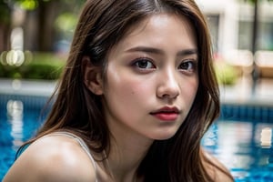 1 young girl, (Best Quality:1.4), 8K resolution, High resolution, (Photorealistic, High resolution:1.4), Raw photo, (Realistic, Photorealsitic:1.37), (Beautiful big breasts:1.1), Gloss on lips, Parted lips, Staring at me, Nose, Realistic, pool, depth of field, face light, (((bokeh))),taaarannn